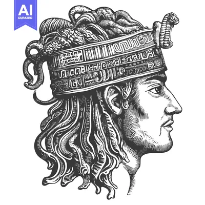 Premium design asset: Hand-drawn Engraved Illustration of a Person Wearing a Serpent Crown
