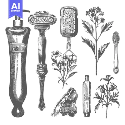 Premium design asset: Hand-drawn Engraved Illustration of Beauty Products and Flowers