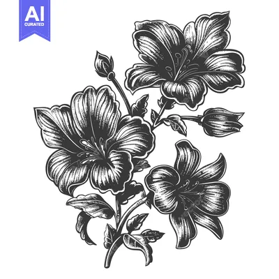 Premium design asset: Hand-Drawn Engraved Illustration of Blooming Hibiscus Flowers