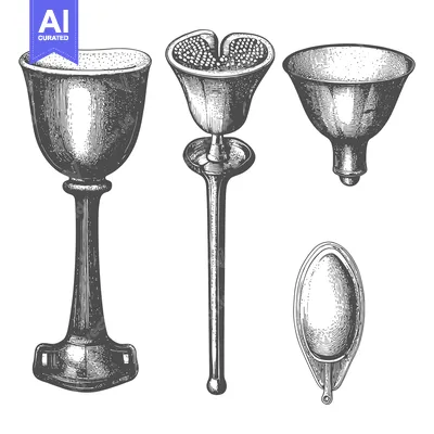 Hand-Drawn Engraved Illustration of Four Vintage Drinking Vessels