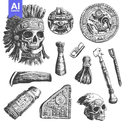 Aset premium populer: Hand-Drawn Engraved Illustration of Mayan Artifacts