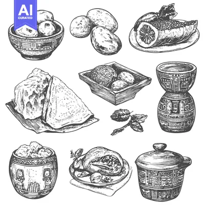 Premium design asset: Hand-drawn Engraved Illustration of Peruvian Food and Kitchenware