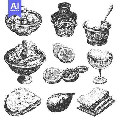 Premium design asset: Hand-drawn Engraved Illustration of Various Foods and Dishes