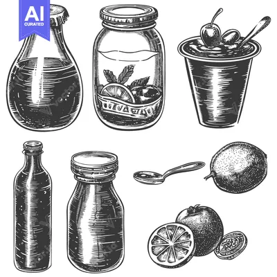 Popular premium asset: Hand-drawn Engraved Illustrations of Glass Jars, Bottles, and Fruit