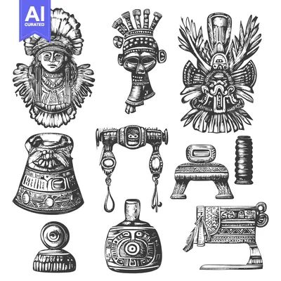 Premium design asset: Hand-drawn Engraved Set of Ancient Mayan Artifacts