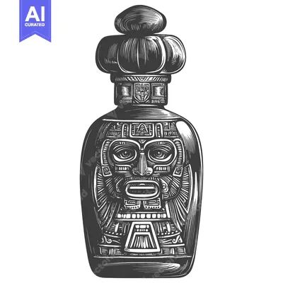 Aset desain premium: Hand-Drawn Engraving of a Bottle with an Aztec Mask Design