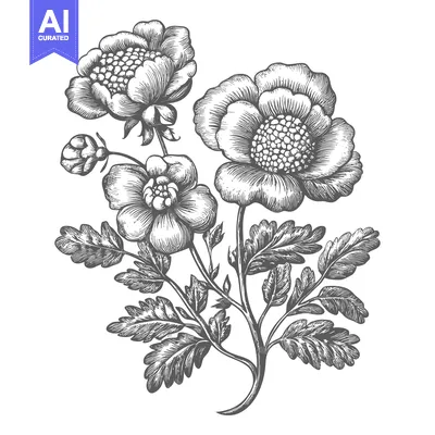 Aset premium populer: Hand-drawn Engraving of a Floral Arrangement with Three Flowers and Fo