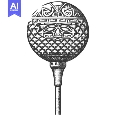 Aset desain premium: Hand-Drawn Engraving of a Golf Ball with a Tribal Face Design