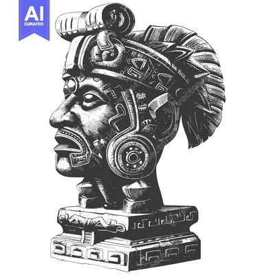 Aset premium populer: Hand-Drawn Engraving of an Ancient Mayan Head Sculpture