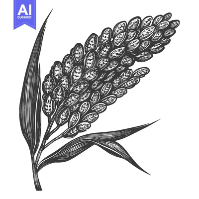 Aset premium populer: Hand-Drawn Engraving of a Single Grain Spike with Leaves