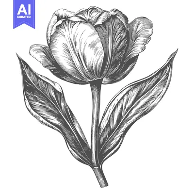 Aset premium populer: Hand-Drawn Engraving of a Single Tulip with Stem and Leaves
