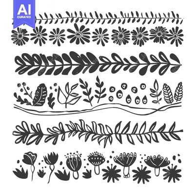Aset premium populer: Hand-drawn floral borders with various stylized flowers and leaves