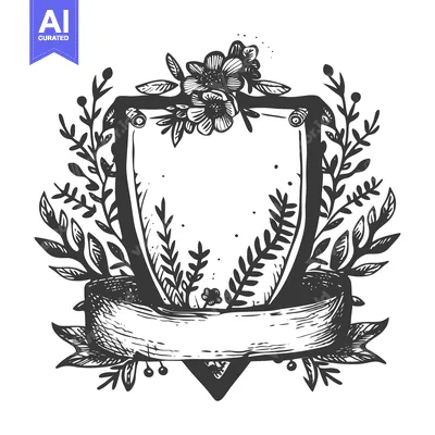 Aset desain premium: Hand-Drawn Floral Crest with Blank Banner and Shield
