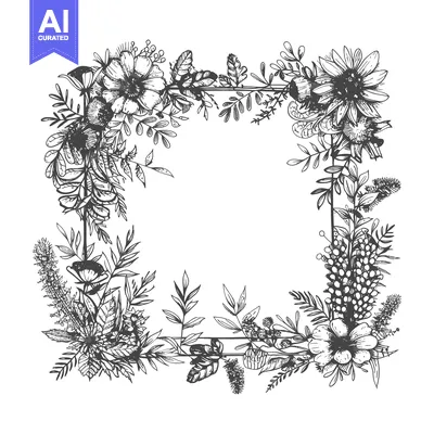 Aset premium populer: Hand-Drawn Floral Frame with Black and White Flowers and Greenery