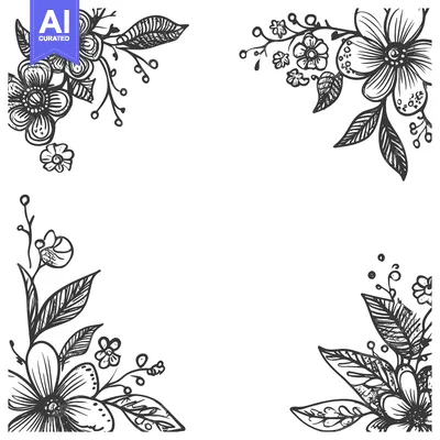 Aset desain premium: Hand-Drawn Floral Frame with Black and White Flowers and Leaves