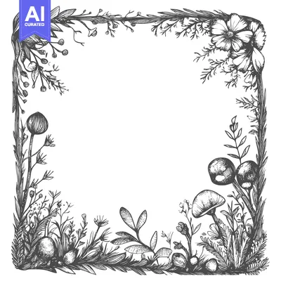 Aset desain premium: Hand-drawn floral frame with mushrooms and flowers