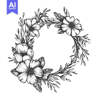 Popular premium asset: Hand-Drawn Floral Wreath with Black and White Flowers and Leaves
