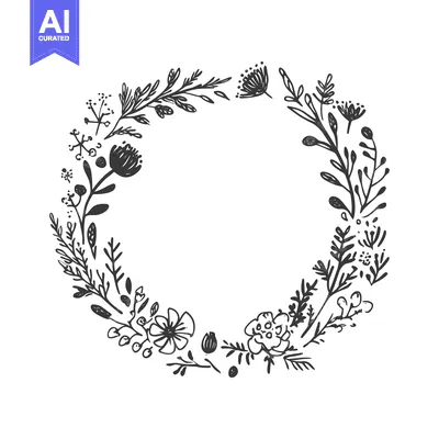 Premium design asset: Hand-drawn floral wreath with black ink outline