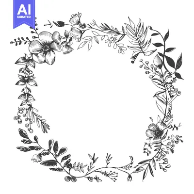 Aset desain premium: Hand-Drawn Floral Wreath with Delicate Blooms and Foliage