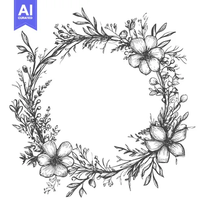 Premium design asset: Hand-drawn Floral Wreath with Delicate Flowers and Foliage