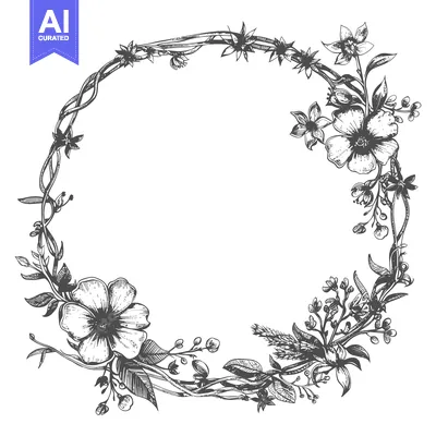 Premium design asset: Hand-drawn Floral Wreath with Delicate Flowers and Vines