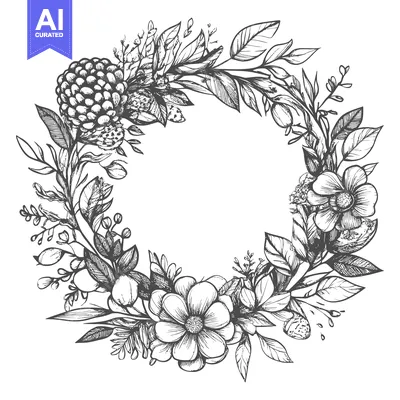 Aset desain premium: Hand-Drawn Floral Wreath with Detailed Flowers and Leaves