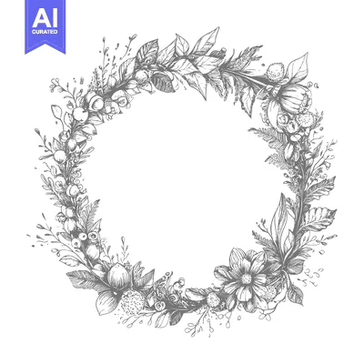 Premium design asset: Hand-Drawn Floral Wreath with Detailed Leaves and Flowers