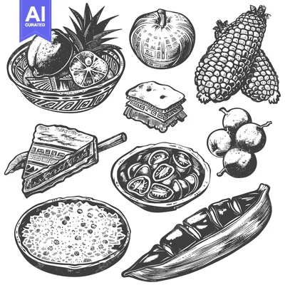 Aset premium populer: Hand Drawn Food Illustration with a Variety of Fruits, Vegetables, and