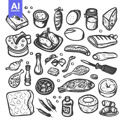 Aset desain premium: Hand-drawn Food Sketch with Bread, Meat, Fish, and Vegetables