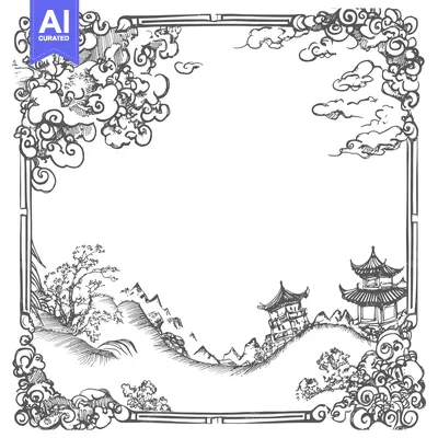 Aset premium populer: Hand-Drawn Frame with Chinese-Style Pagoda and Mountains