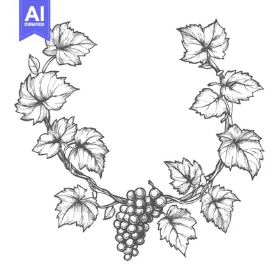 Hand-Drawn Grapevine with a Cluster of Grapes and Leaves