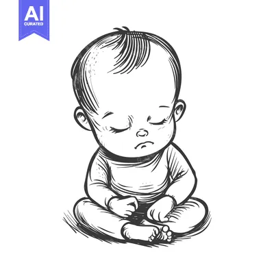 Aset premium populer: Hand-drawn illustration of a baby sitting with closed eyes