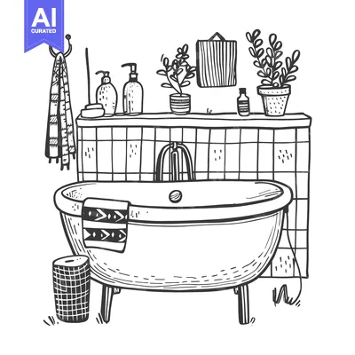 Aset desain premium: Hand-Drawn Illustration of a Bathroom with a Bathtub, Plants, and Acce