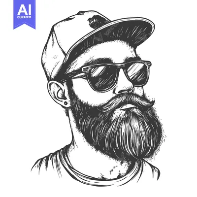 Aset desain premium: Hand-drawn illustration of a bearded man wearing a cap and sunglasses