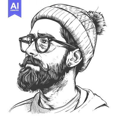Hand-drawn Illustration of a Bearded Man Wearing a Knitted Hat and Gla