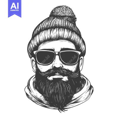 Hand-drawn illustration of a bearded man wearing a knitted hat and sun
