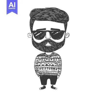 Aset premium populer: Hand-drawn illustration of a bearded man wearing sunglasses and a swea