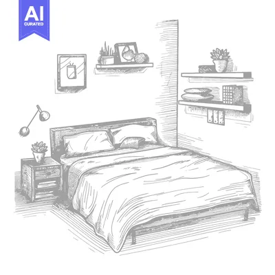 Popular premium asset: Hand-drawn illustration of a bedroom with a bed, bedside table, and sh
