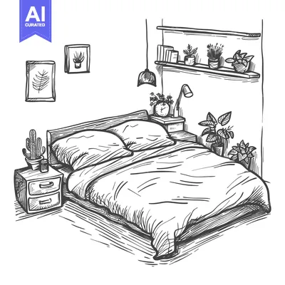 Hand-drawn illustration of a bed with nightstand, lamp, and plants