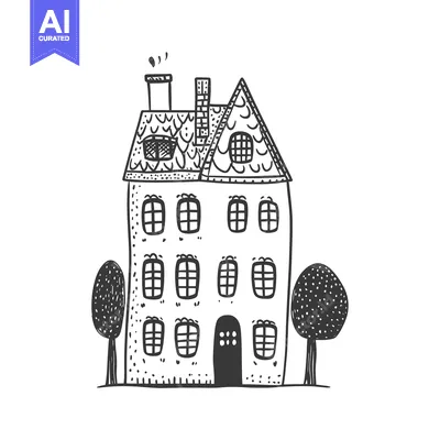 Premium design asset: Hand-drawn illustration of a black and white house with two trees