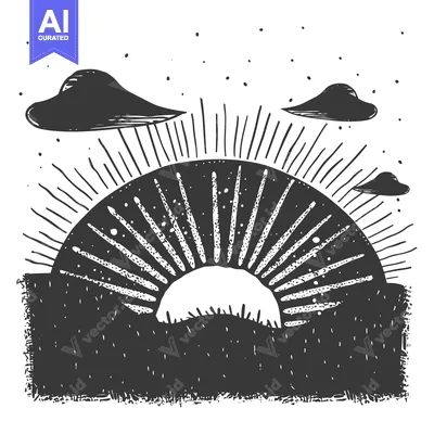Aset desain premium: Hand-drawn Illustration of a Black and White Sunset with Clouds
