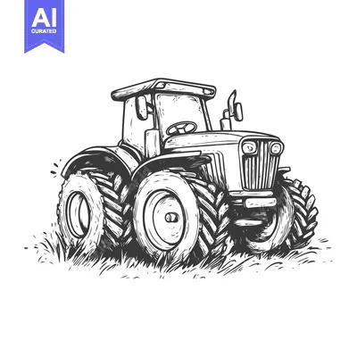 Aset desain premium: Hand-Drawn Illustration of a Black and White Tractor