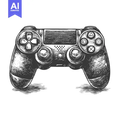 Hand-Drawn Illustration of a Black and White Video Game Controller