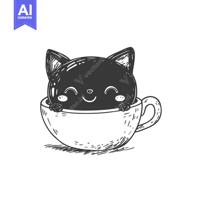 Aset premium populer: Hand-drawn Illustration of a Black Cat in a Teacup