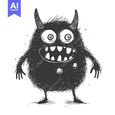 Aset premium populer: Hand-drawn illustration of a black hairy monster with horns, large eye
