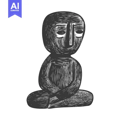Hand-Drawn Illustration of a Black Wooden Figurine in a Seated Meditat