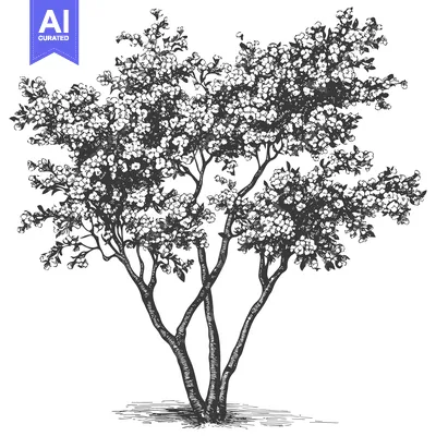 Aset desain premium: Hand-drawn illustration of a blooming tree with multiple trunks