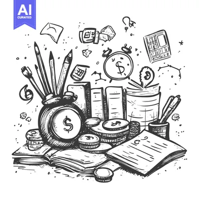 Aset desain premium: Hand-Drawn Illustration of a Book, Pens, Coins, and an Alarm Clock wit