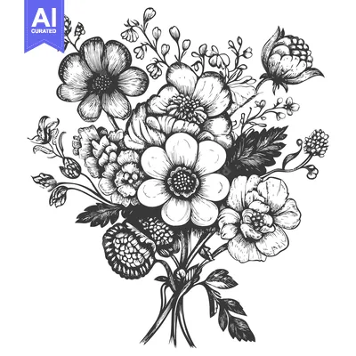 Aset desain premium: Hand-drawn Illustration of a Bouquet of Black and White Flowers
