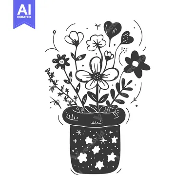 Aset desain premium: Hand-drawn illustration of a bouquet of flowers in a starry pot